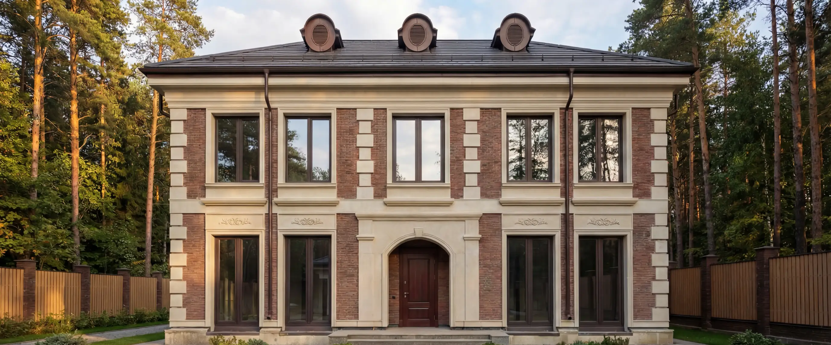 Фасадный декор неоклассического коттеджа в Свердловской области